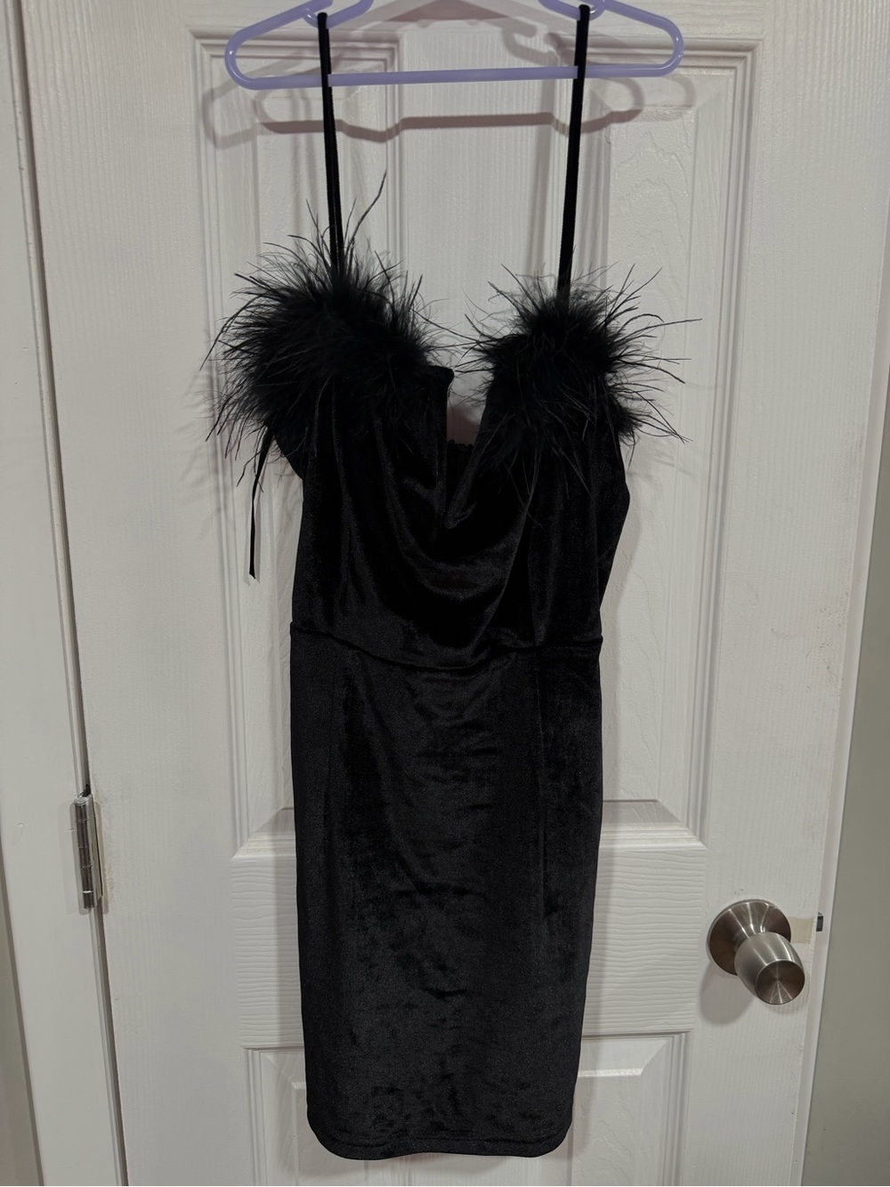 superdown Black Velvet Mini Dress with Feather Trim